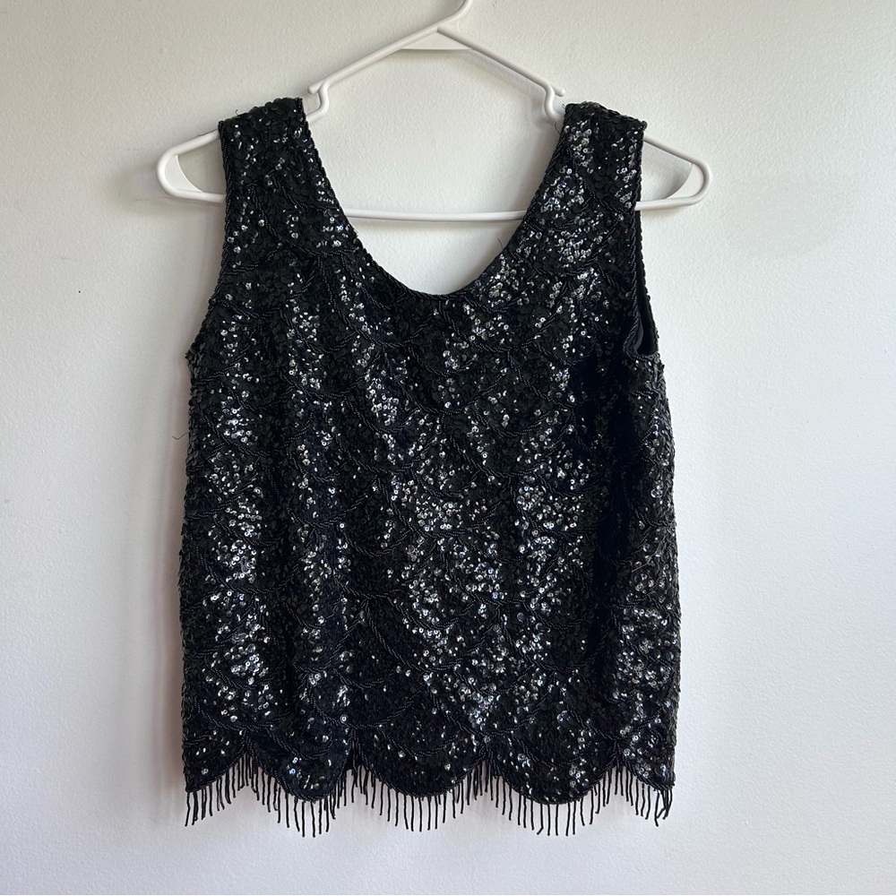 Black Sequin Fringe Camisole Tank Top